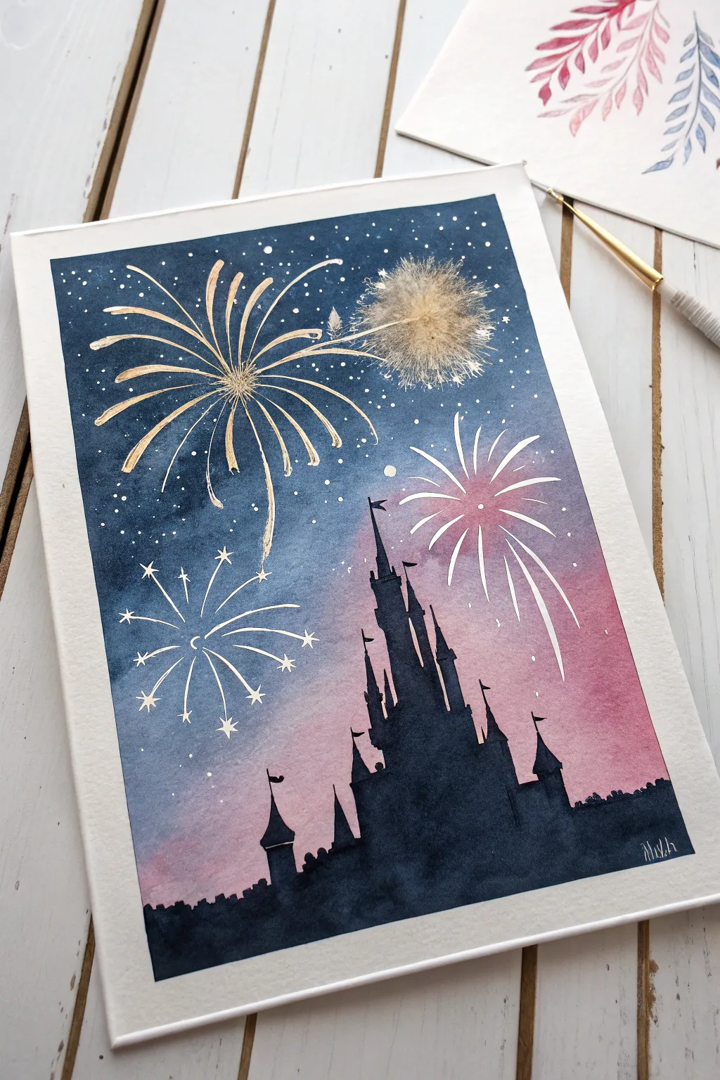 Minimal night castle painting with splatter fireworks in white, gold, and blush for dreamy Disney vibes.