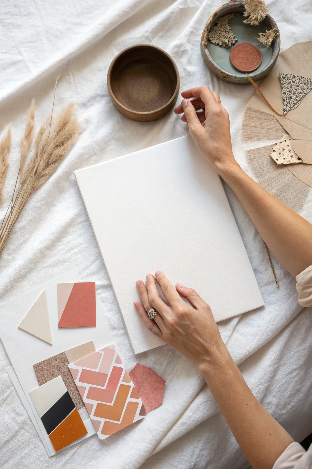 Torn paper abstract collage in soft neutrals, hands layering matte shapes on a crisp canvas