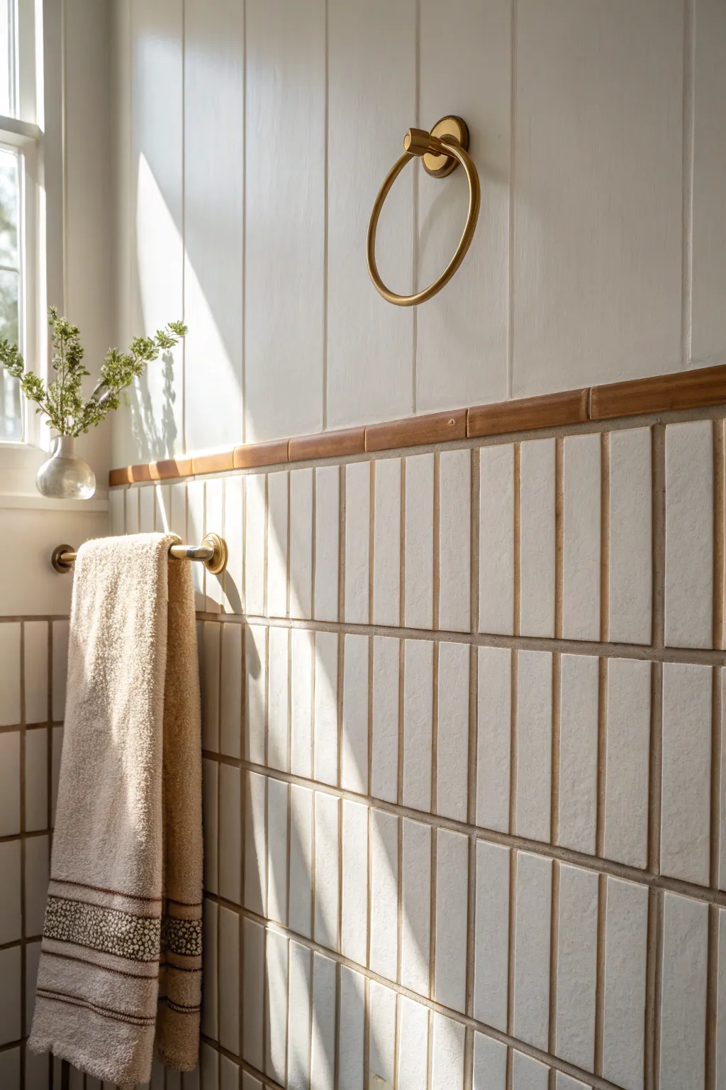 Create a faux tile wall with painted grid lines for an easy, modern spa look that pairs beautifully with brass.