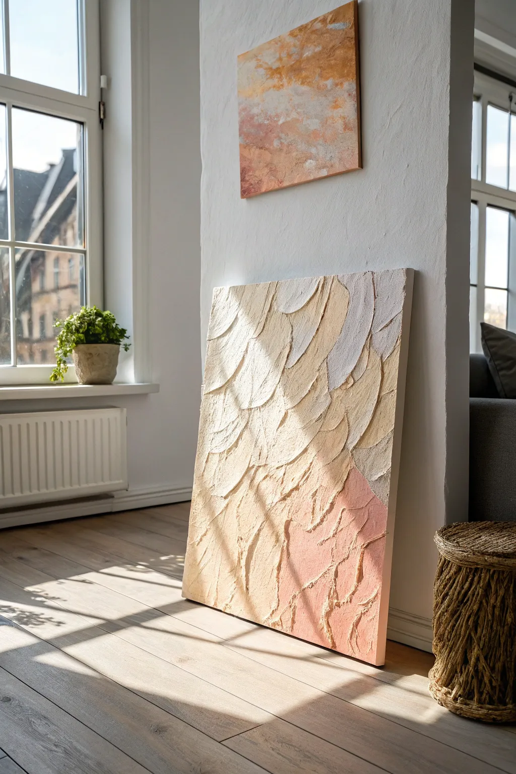 Palette knife impasto abstract on canvas, softly lit above a neutral sofa for living-room inspo.