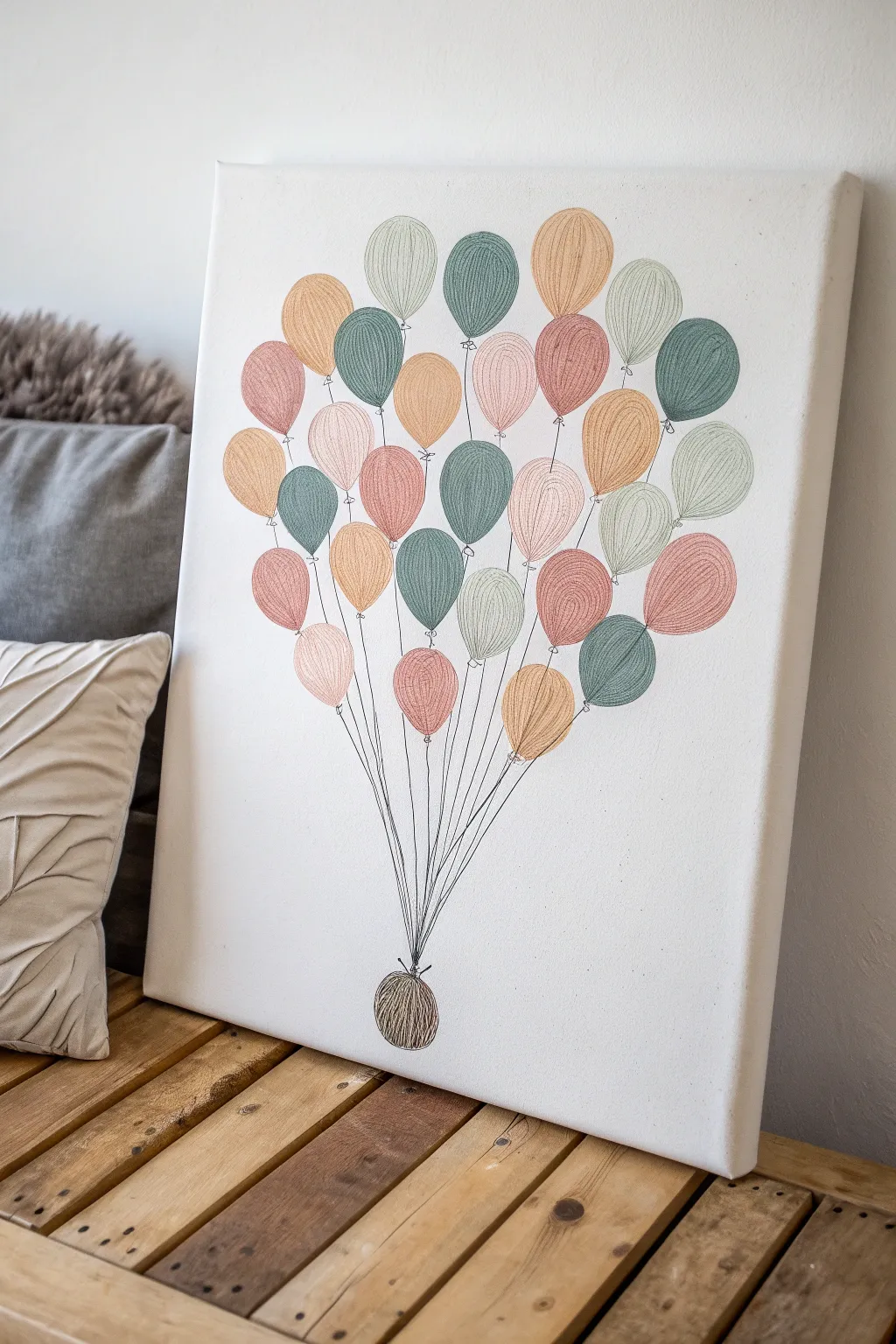 Fingerprint balloons on a clean canvas, a sweet minimalist family keepsake with textured paint