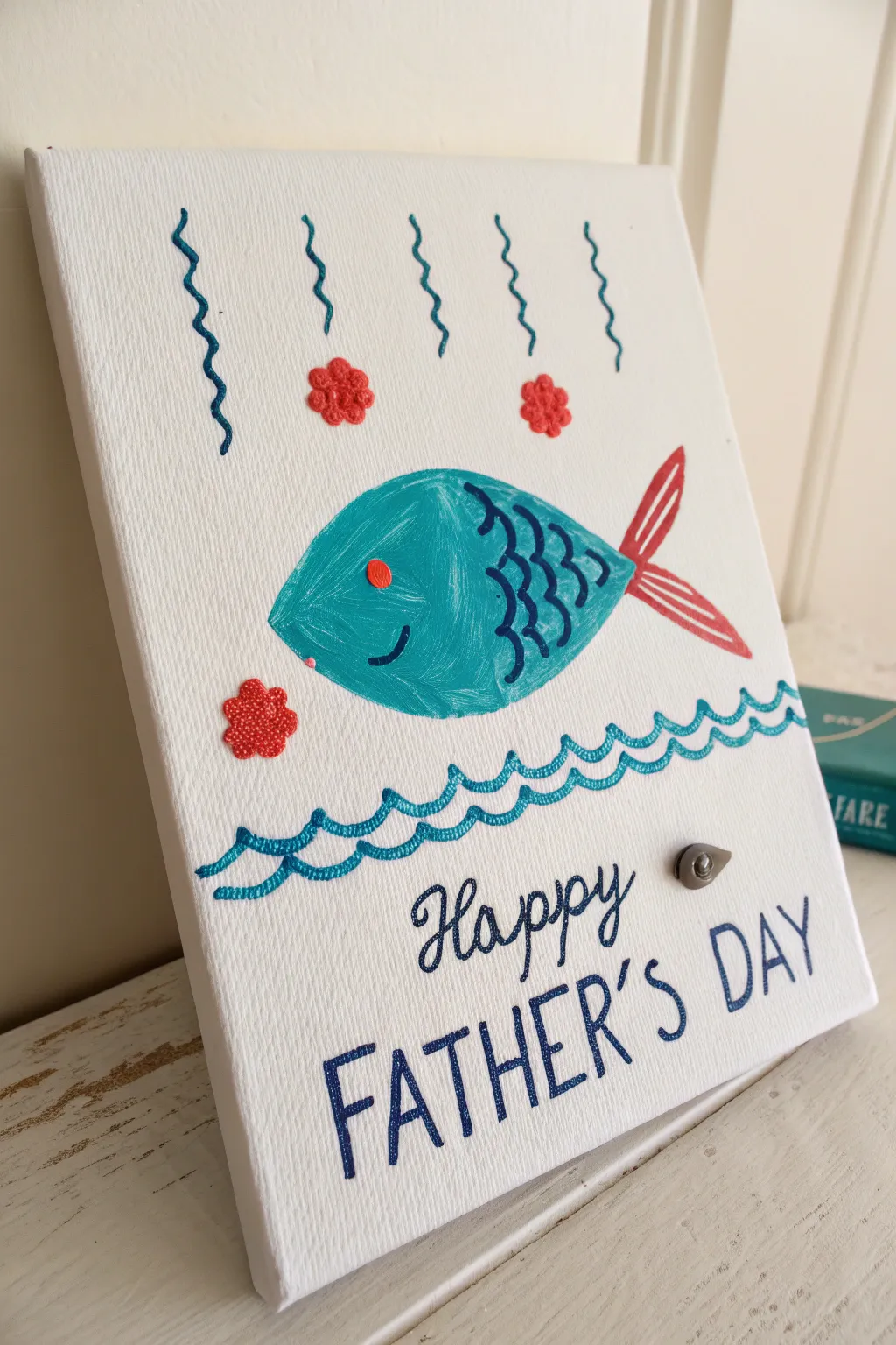 Handprint fish canvas with simple waves and a tiny hook detail, minimalist and boho for Fathers Day