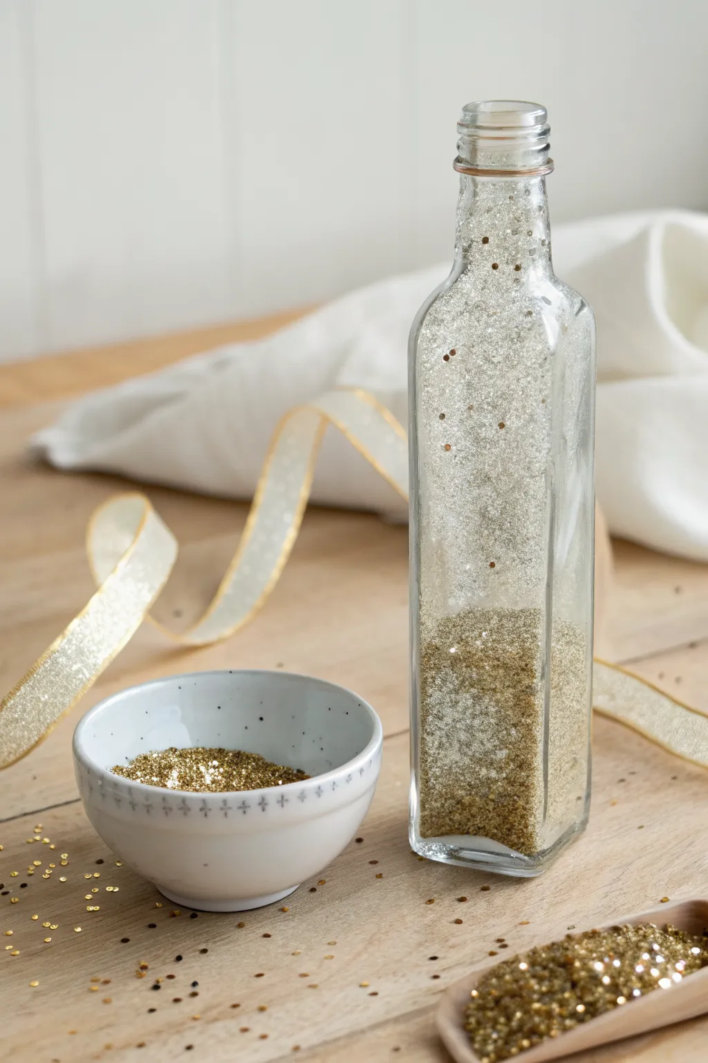Glitter-dipped celebration bottle with clean edge sparkle, styled minimal for festive DIY.
