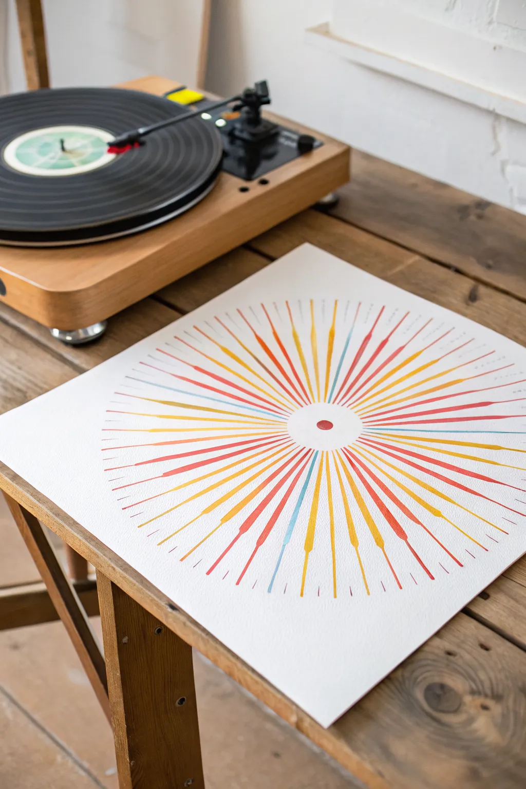 Create radiant spin art with a turntable: bold sunburst paint lines on clean white paper.