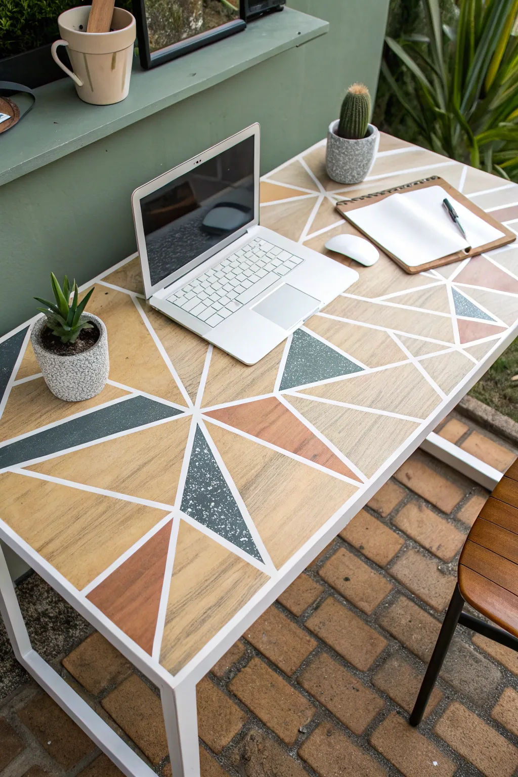 Painters tape geometry on a DIY painted desk top, soft boho neutrals with crisp contrast lines