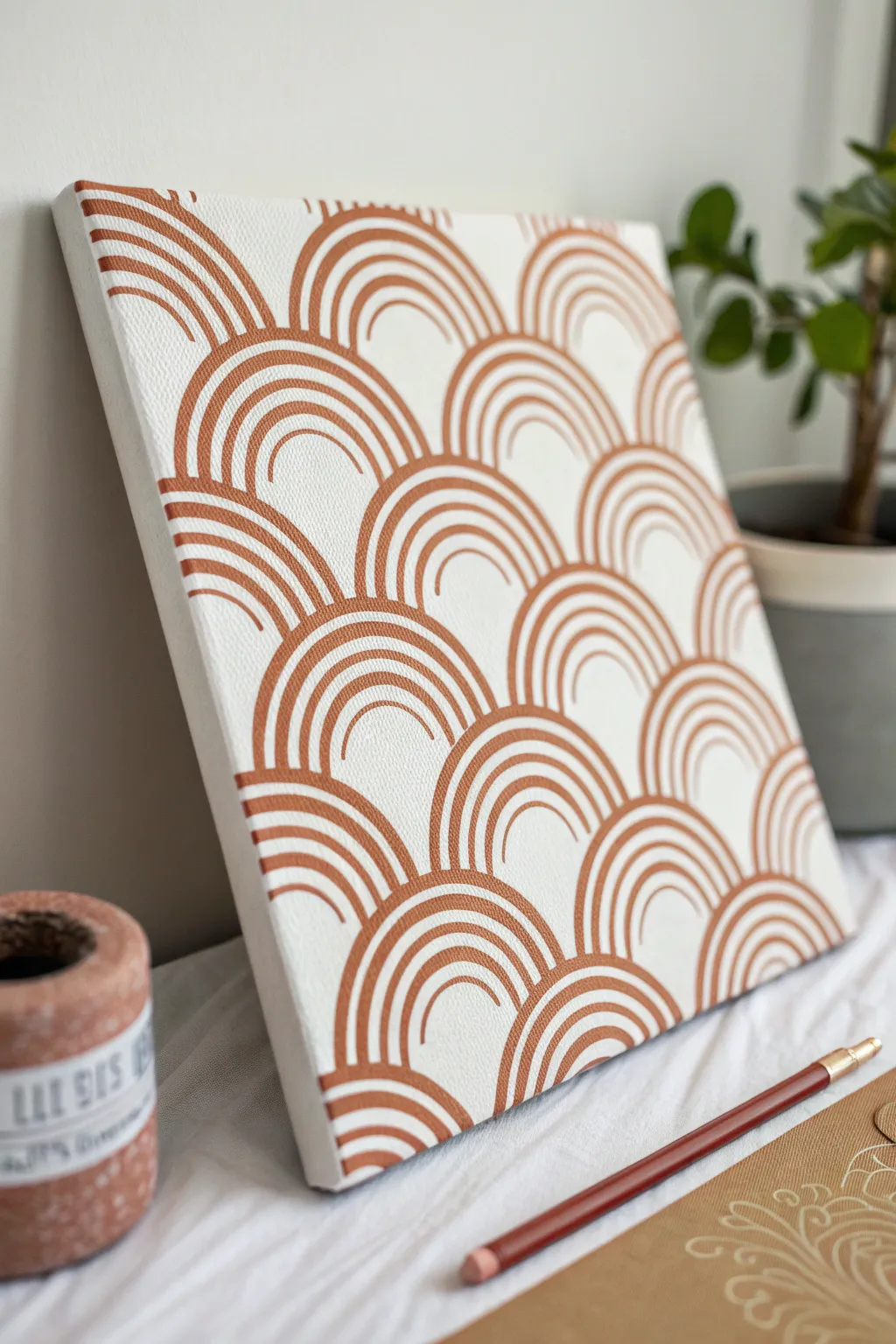 Minimal monochrome wavy-line canvas DIY, flat-lay with pencil sketch detail and warm contrast