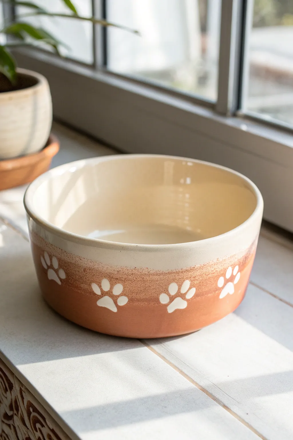 Minimal ombré dog bowl with crisp white paw prints, Scandinavian boho pottery inspo.