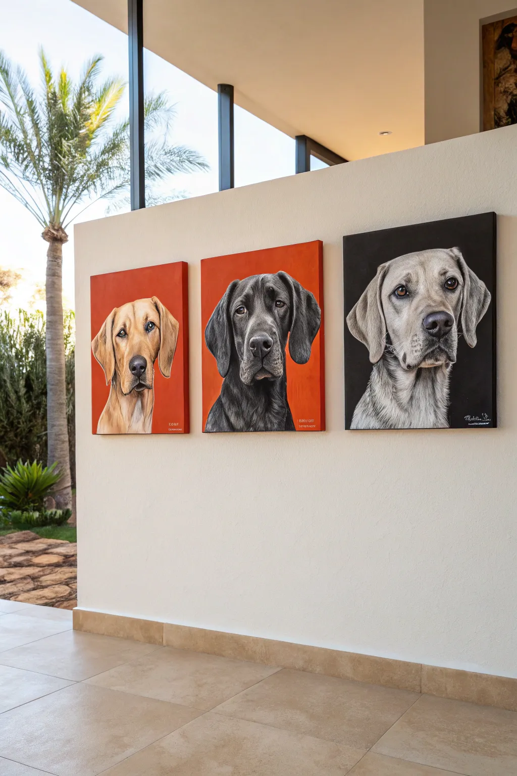 Modern triptych dog portraits with bold minimalist panels for chic painting inspiration