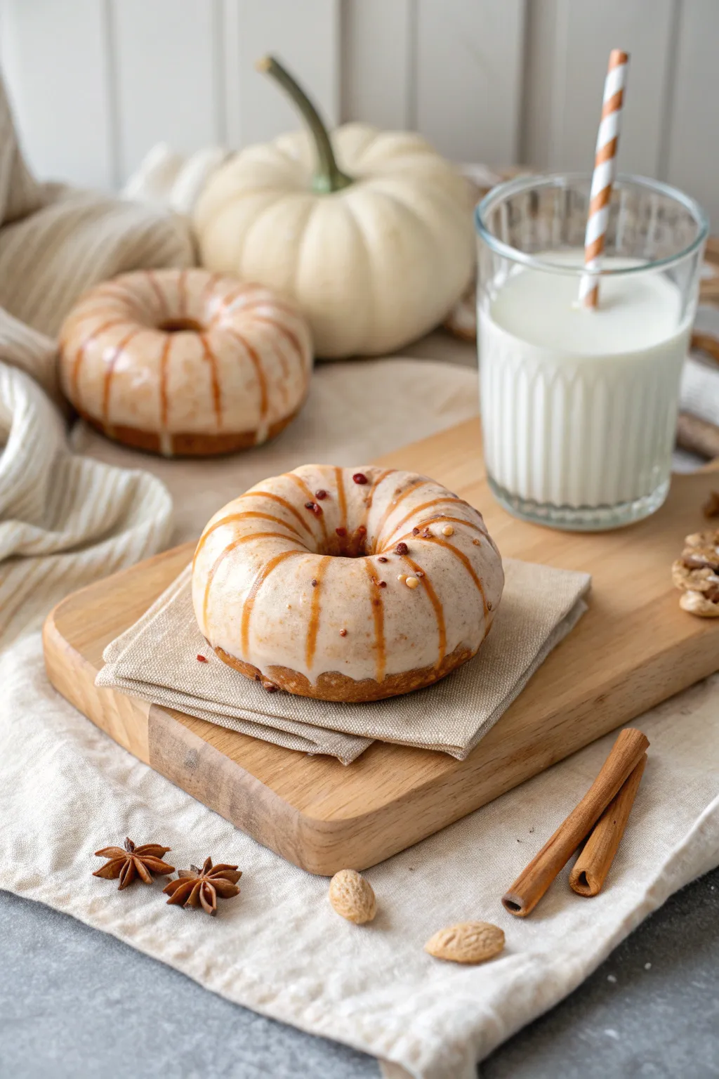 Milk-and-cookies autumn snack scene starring a hand-painted donut pumpkin in warm minimal style