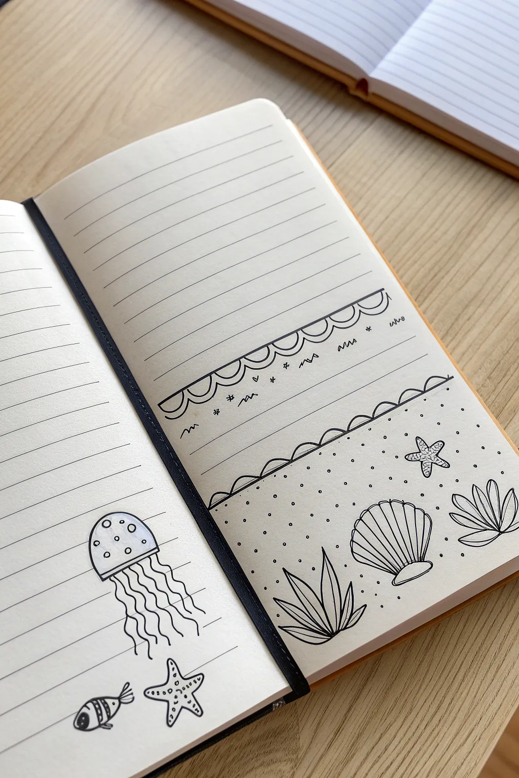 Minimal ocean doodle strip with waves, shell, fish, and jellyfish in clean high-contrast ink.