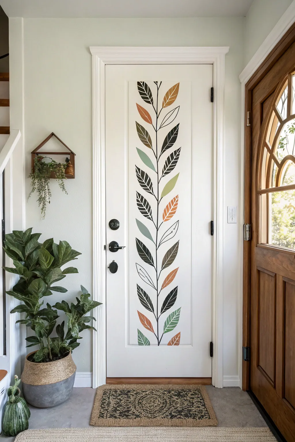 Leaf silhouette stenciling in bold neutrals turns a plain door into modern Scandinavian boho art.