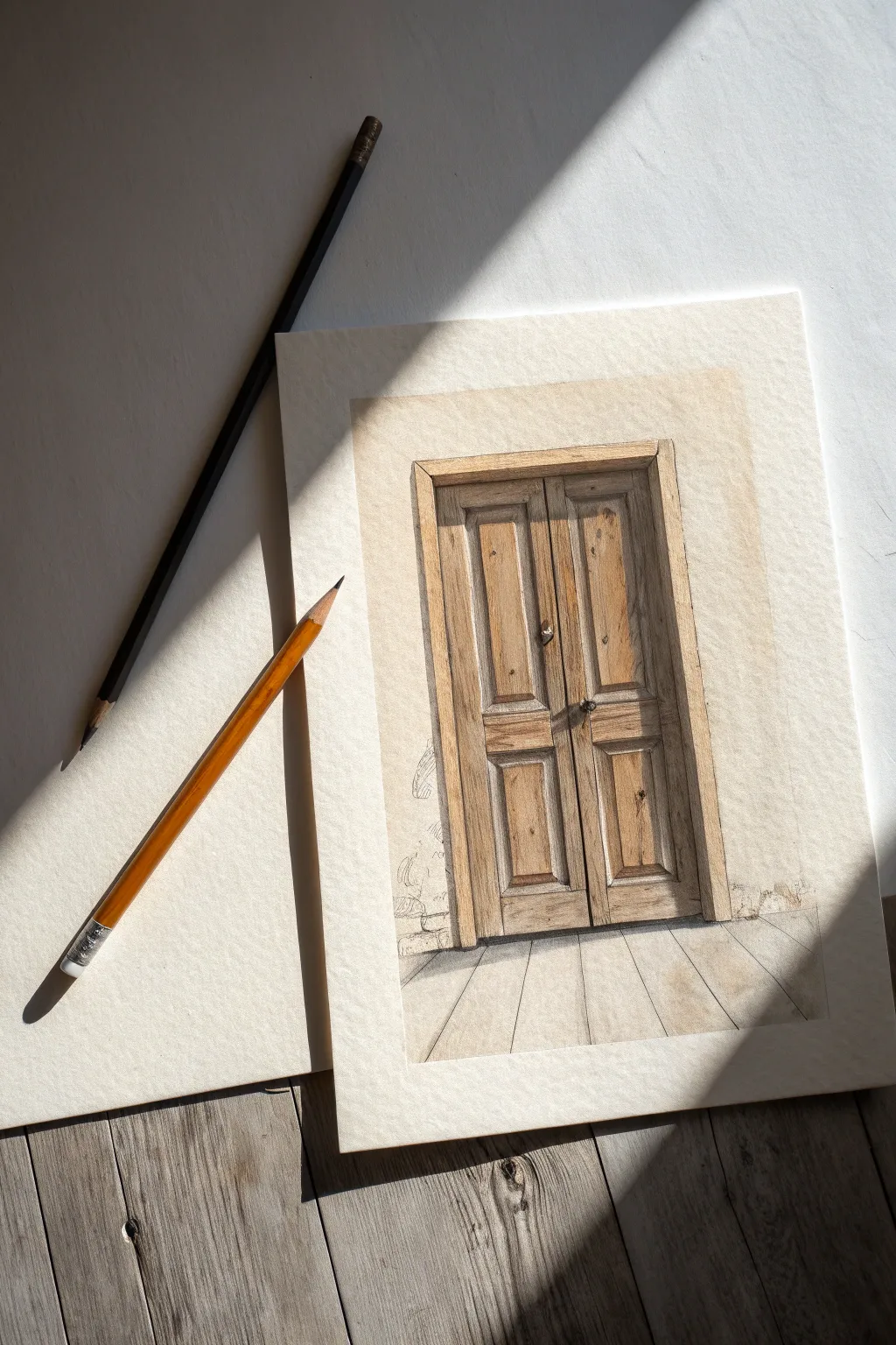 Minimal door sketch: a cracked-open door and bold interior shadow for dramatic contrast