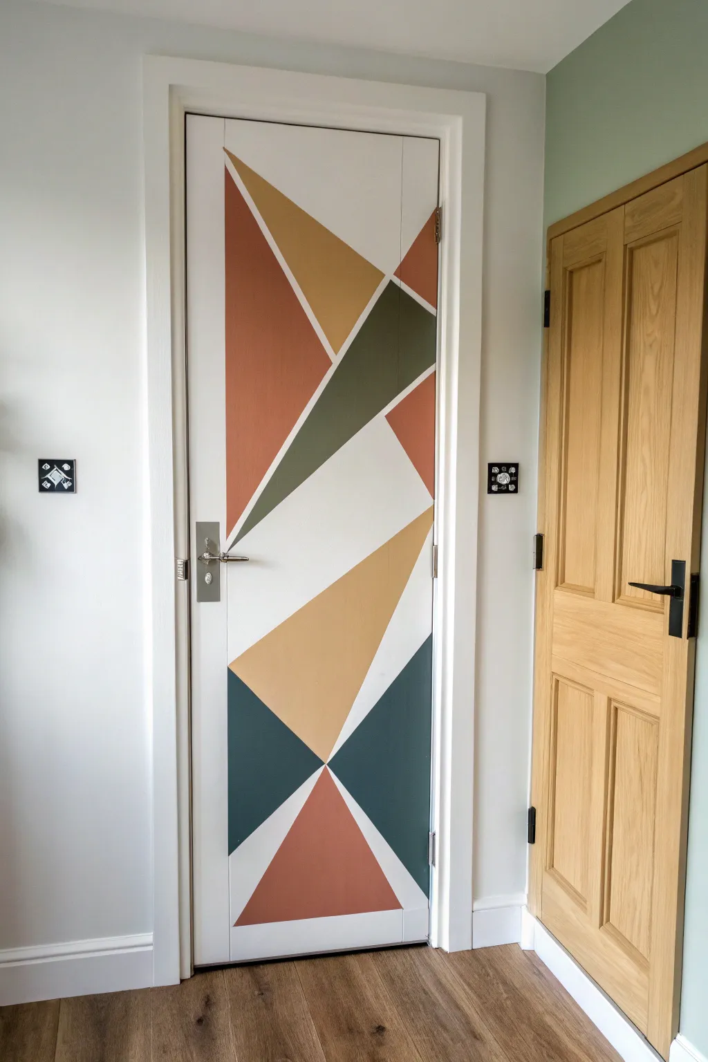 Bold taped triangles and matte color blocks give a plain door an easy modern wow factor.