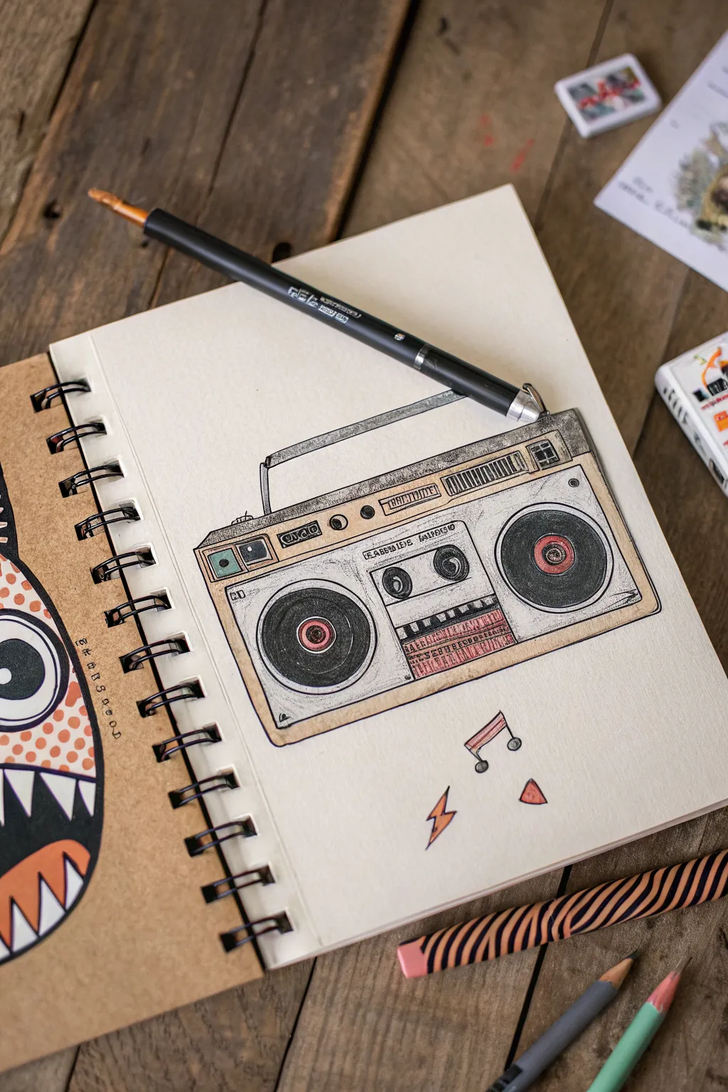 Turn a retro boombox into a monster: dials for eyes, slot mouth, scratchy sticker vibes.