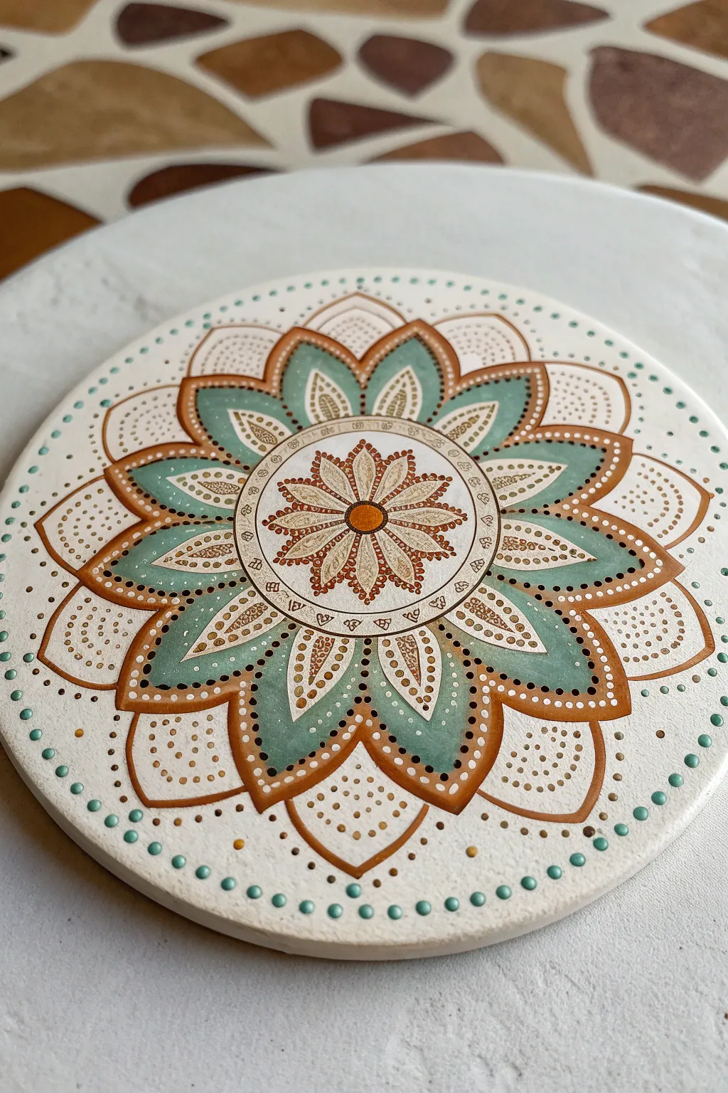 Single lotus mandala dot painting idea in calm Scandinavian tones, crisp, centered, high contrast