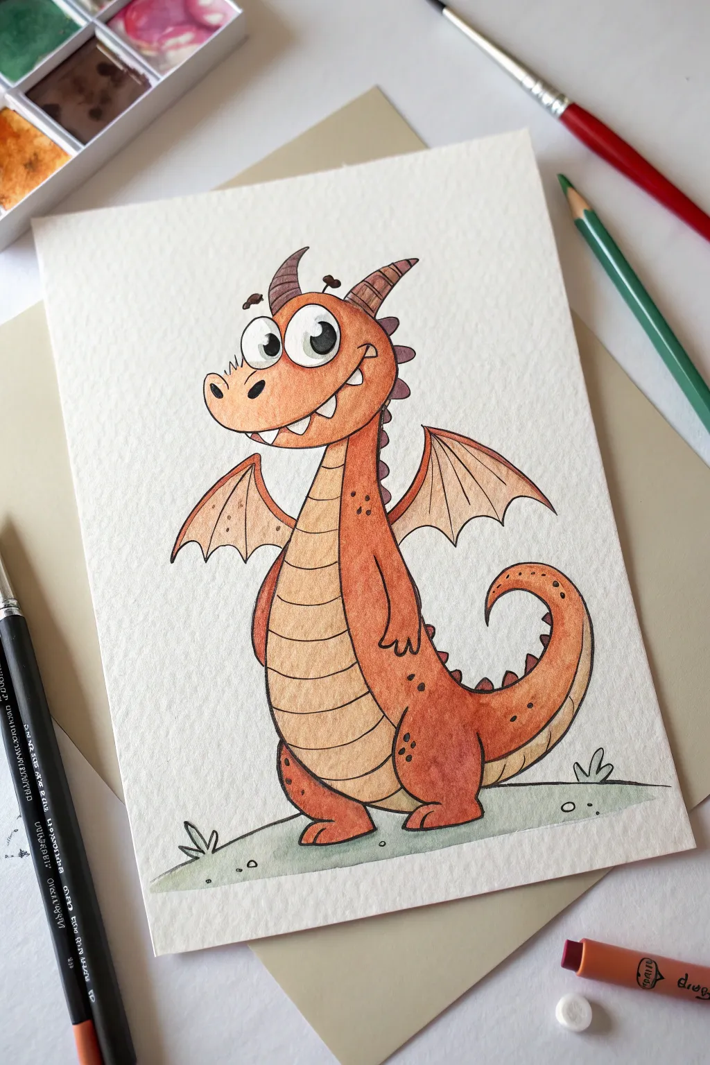Chunky cartoon dragon with big eyes and a goofy grin, perfect for playful minimalist painting.