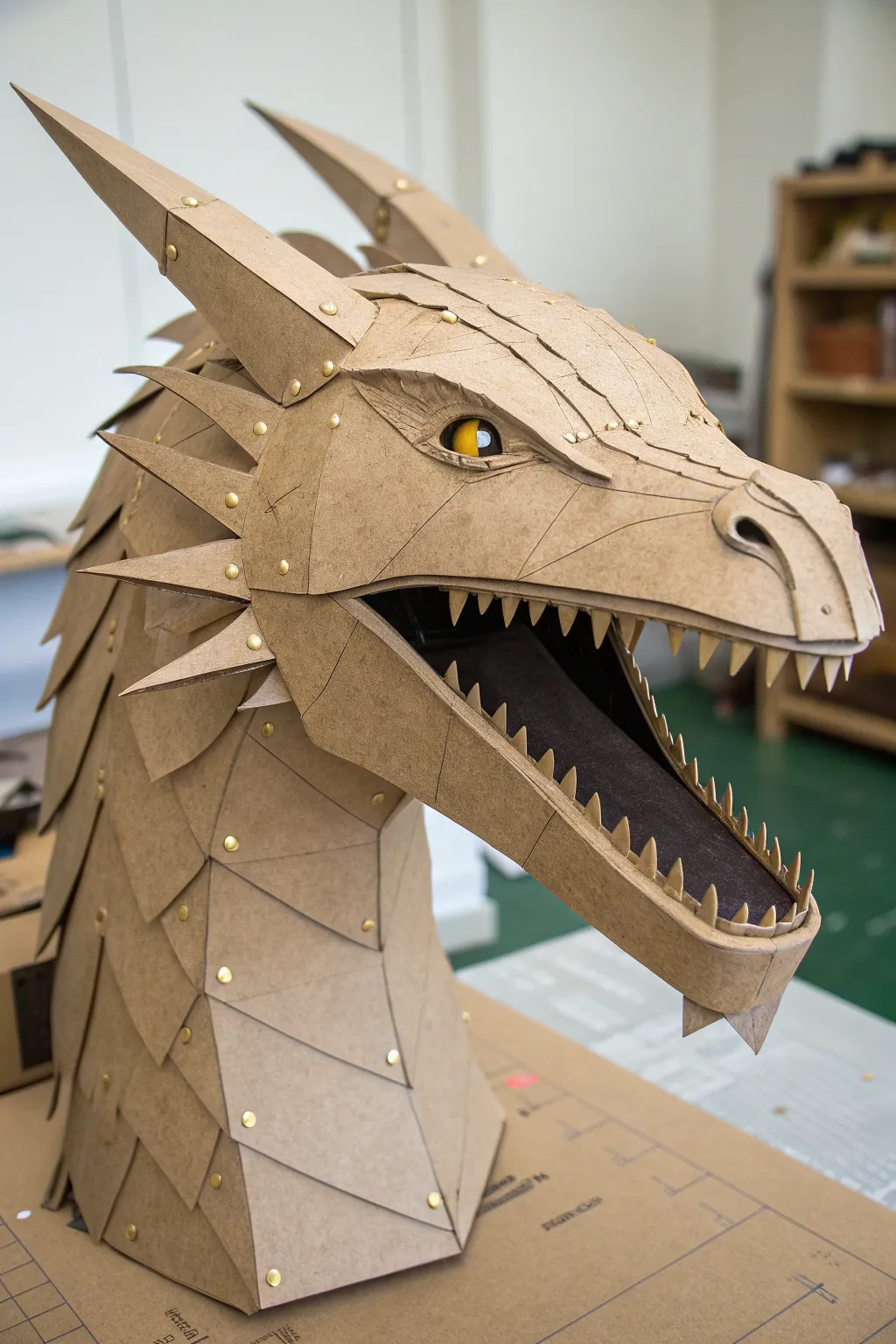 Minimal hinged jaw base with tiny brads so your dragon puppet mouth opens smoothly.