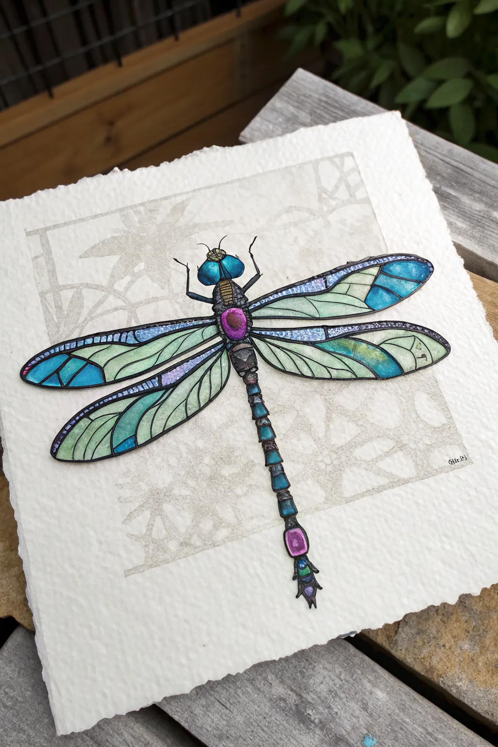 Faux stained glass dragonfly with bold black outlines and jewel-tone wings on a clean backdrop