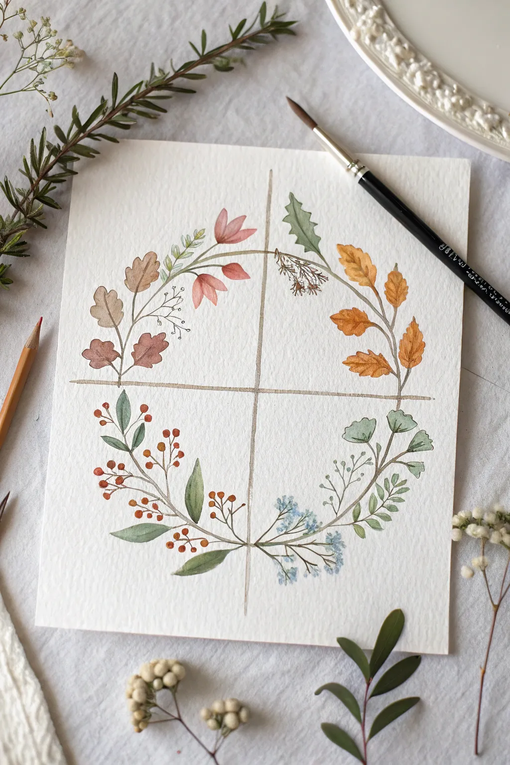 Four seasons wreath in quadrants, a minimalist botanical circle to sketch and paint year-round