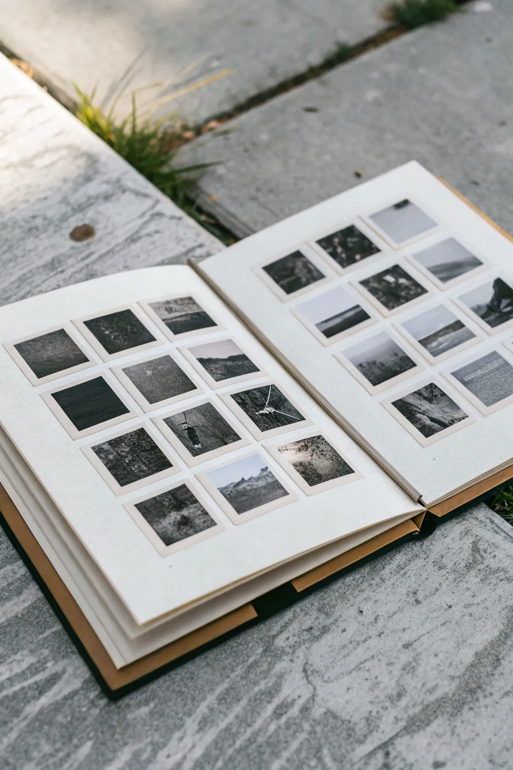 Thumbnail grid sketchbook spread showing bold value-block composition studies in a calm minimalist look
