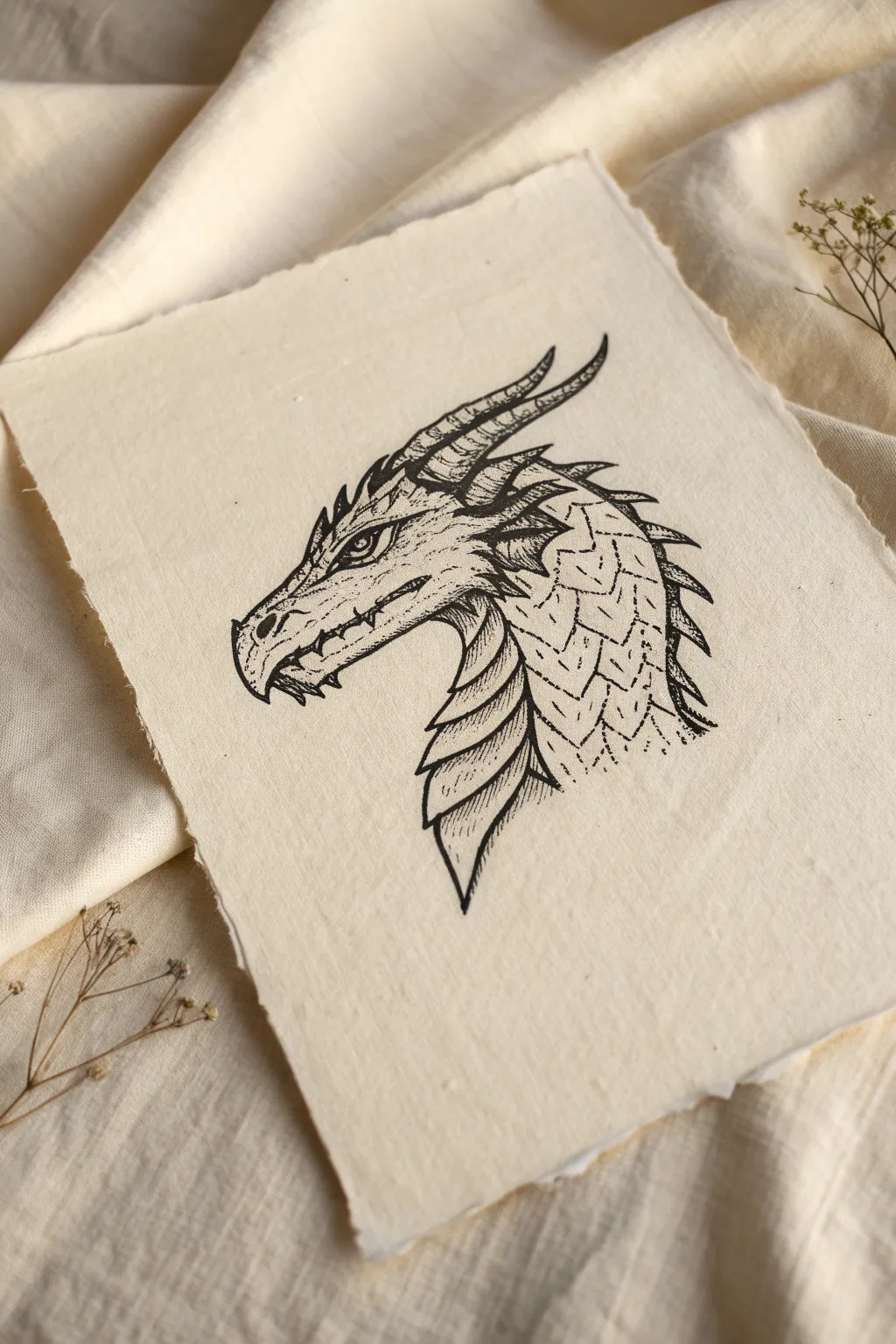 Battle-scarred dragon profile with broken horn and bold cracks, perfect for minimalist ink practice