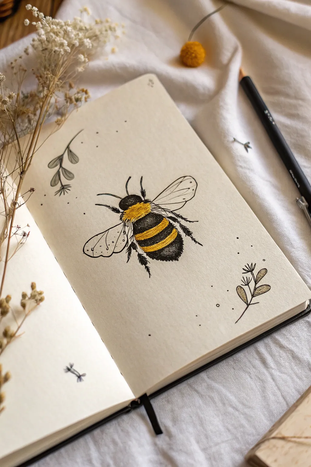 Easy bumblebee doodle with simple stripes and a dotted flight path, minimalist and sweet
