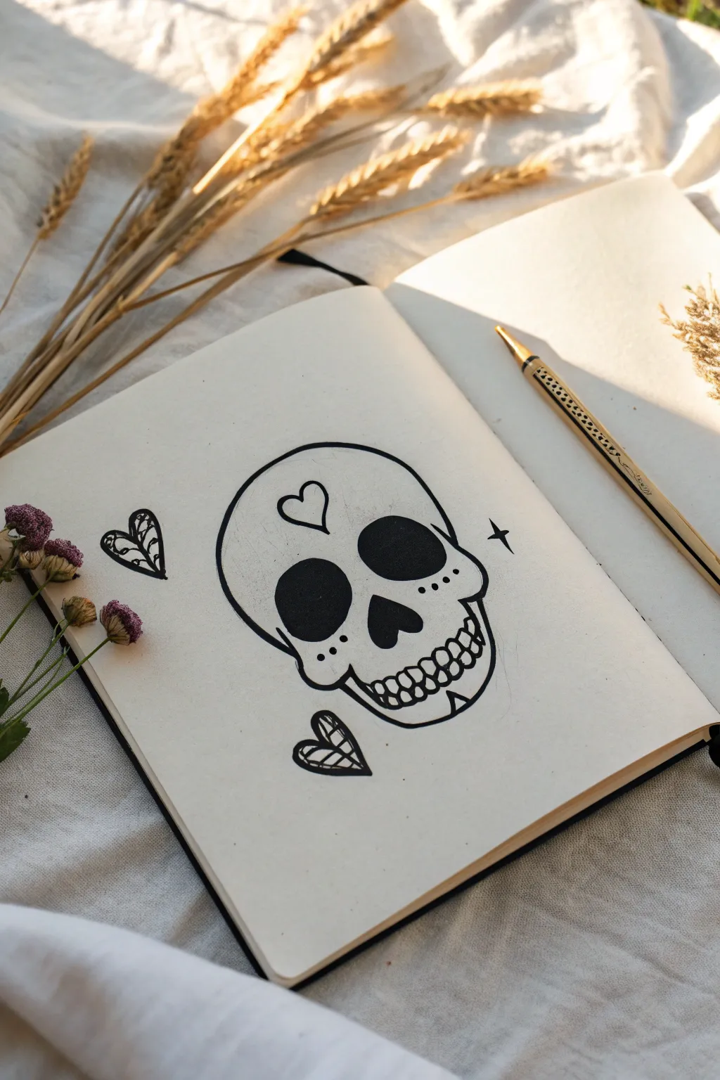 Tiny flat skull tattoo idea in bold outline, minimalist and cute, perfect for easy sketching.