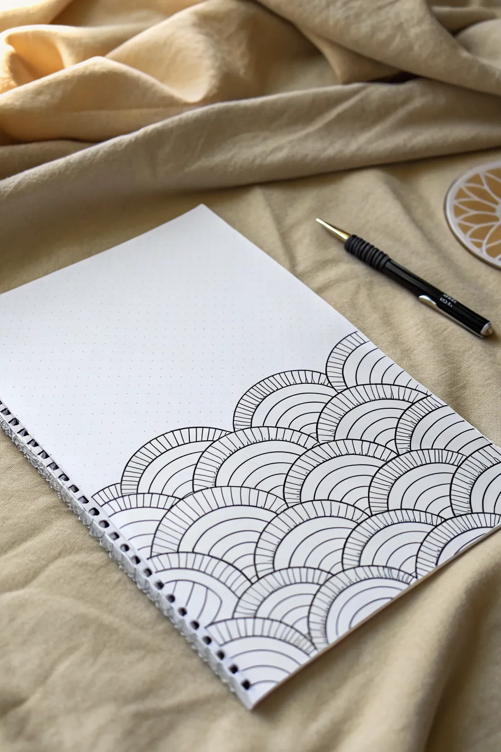Minimalist zentangle pattern play: one bold organic shape filled with crisp black ink textures.