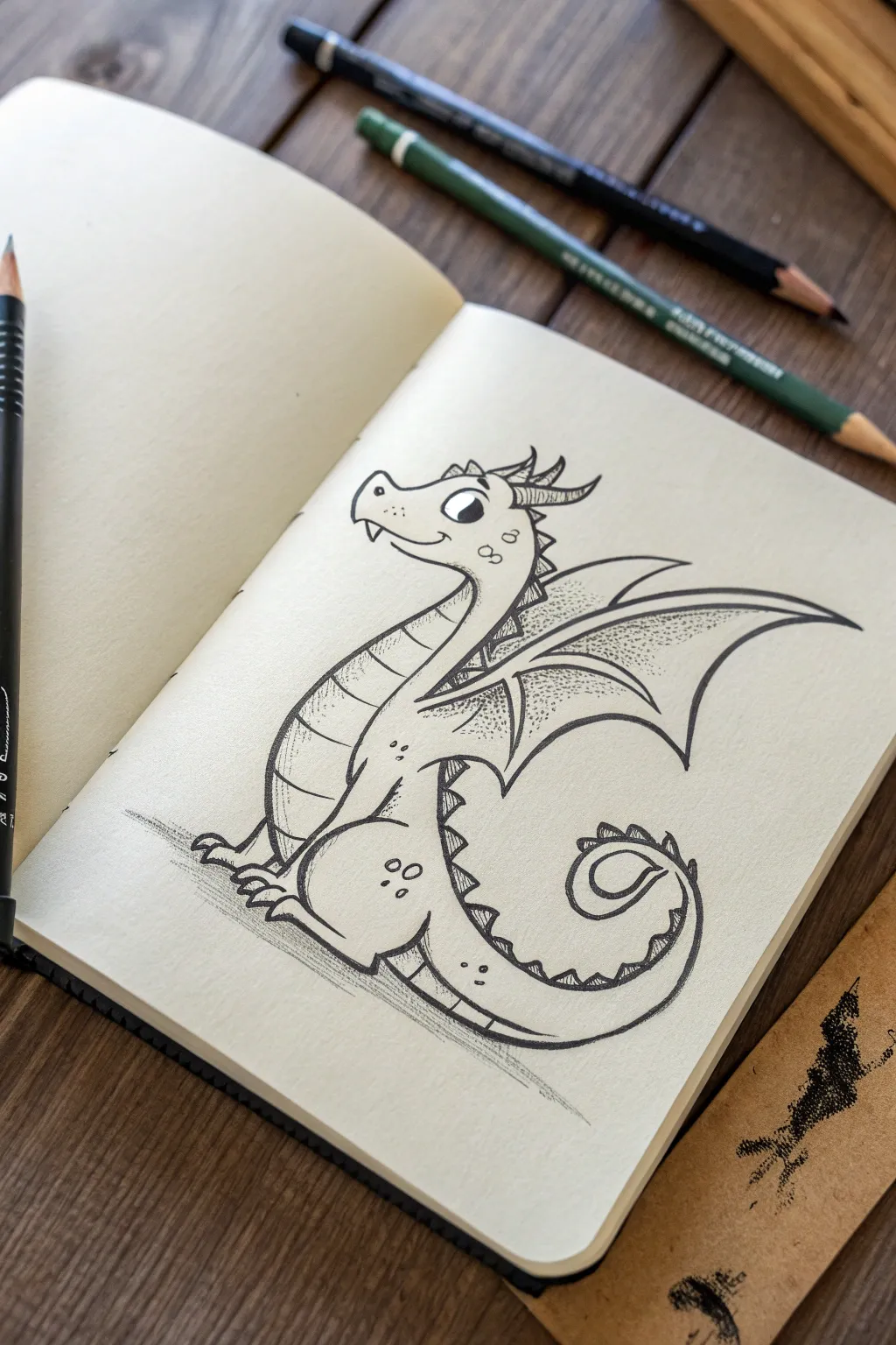 Draw a friendly dragon with simple scales and shaded belly plates for confident 12-year-old artists.