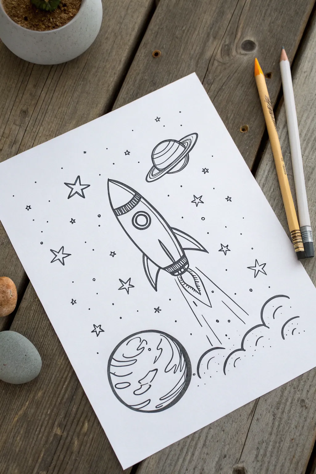 Minimal rocket and ringed planet sketch with bold flame and shaded planets, perfect for age 12