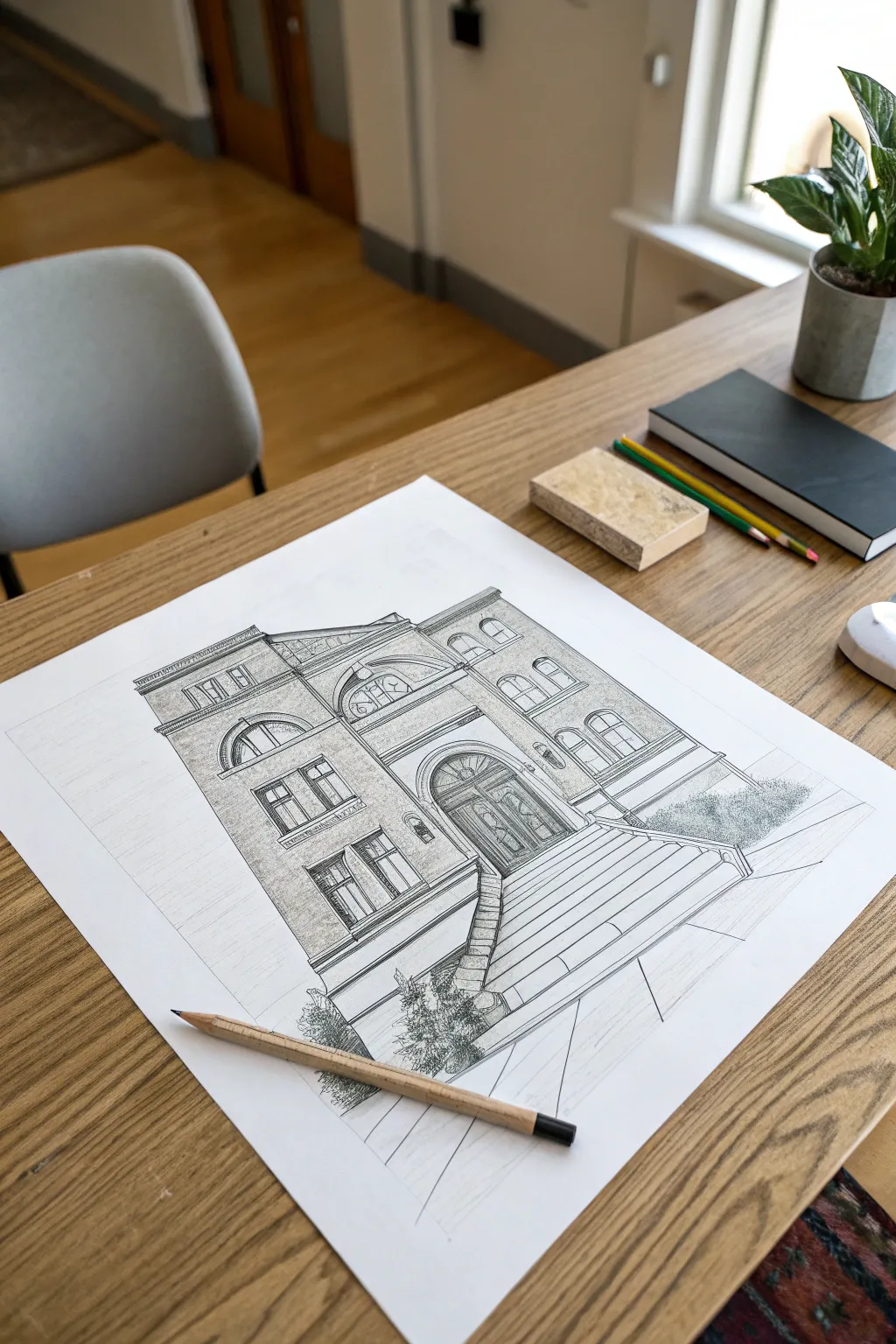 Master two-point perspective with this elegant school building facade sketch idea.