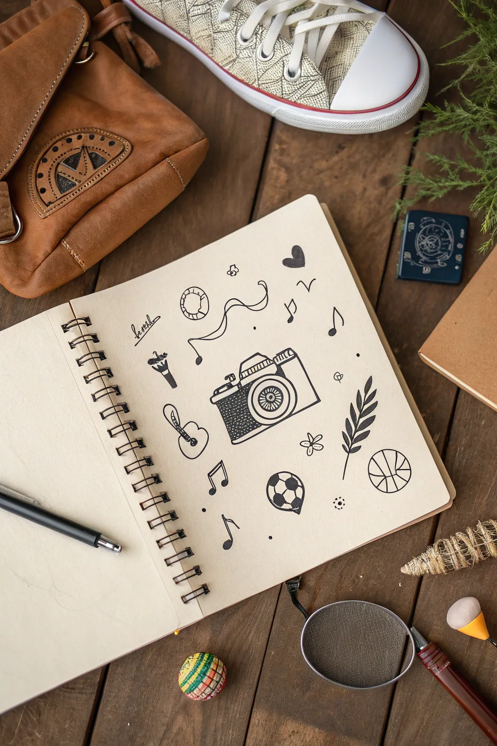 Doodle page about you: a tiny self icon in the center, surrounded by your favorite hobby doodles.