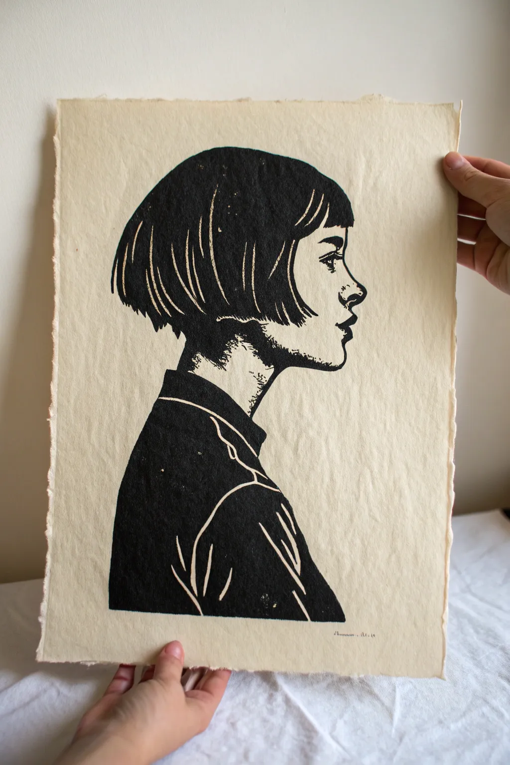 Minimal bold silhouette of a short-haired girl, crisp ink lines on textured paper, calm boho Nordic