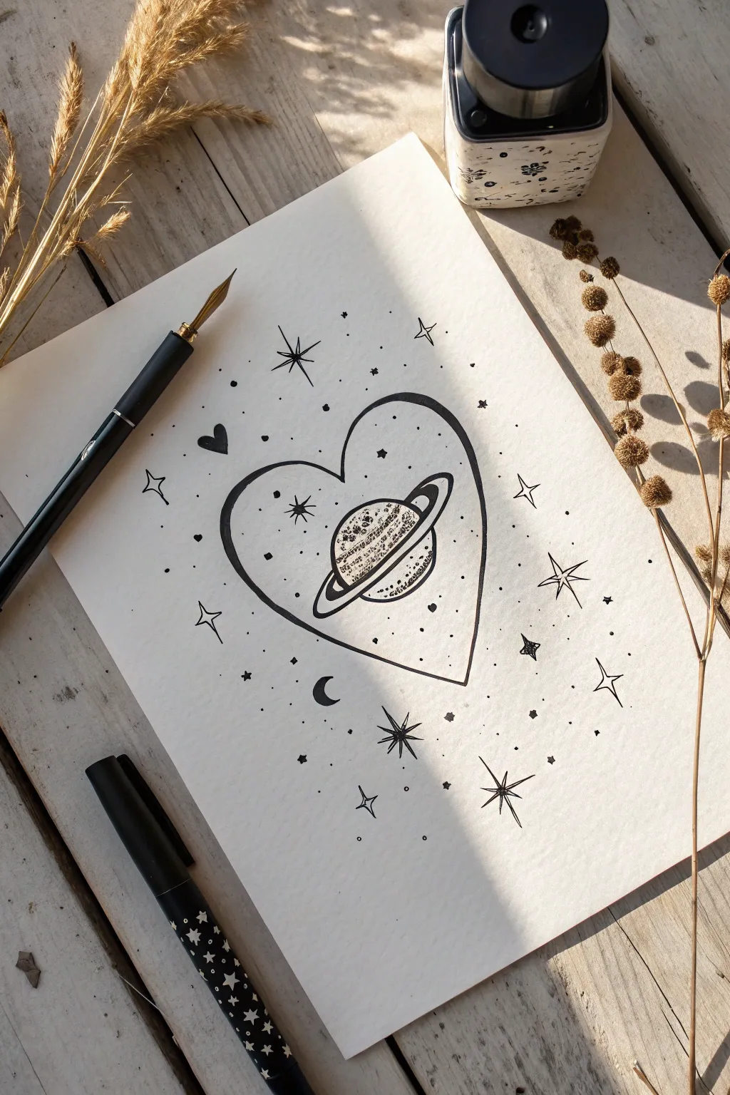 Capture celestial beauty with this dreamy cosmic heart planet sketch idea.