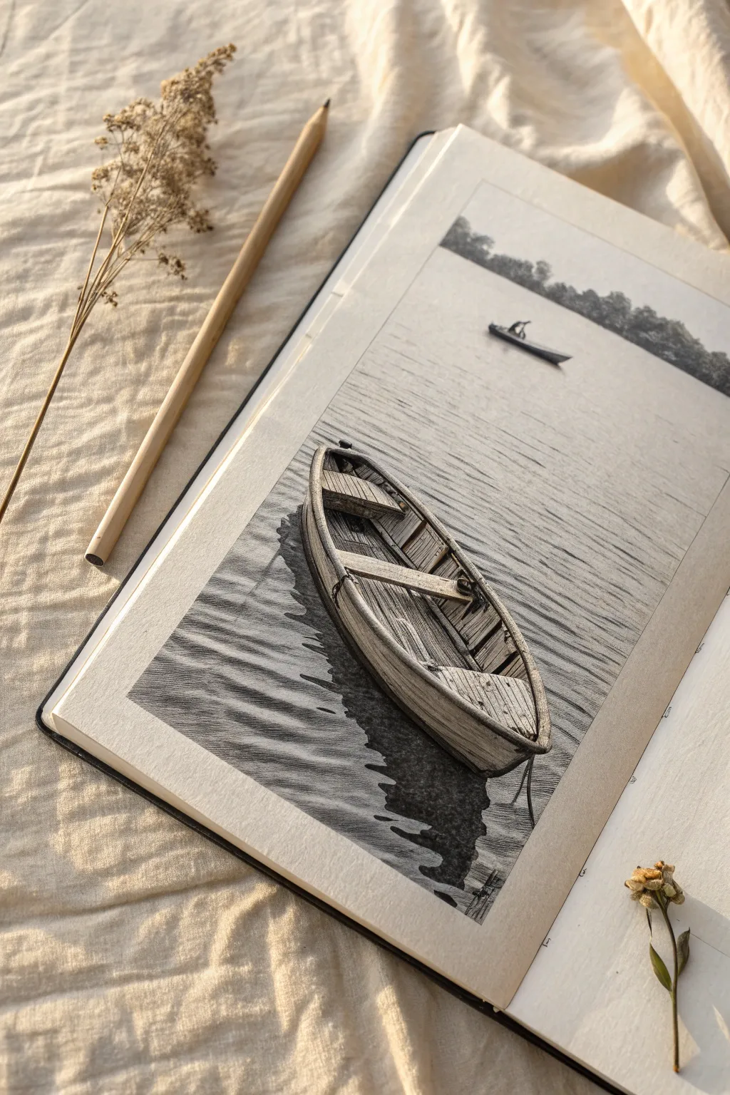 Capture serenity with this detailed wooden rowboat sketch, perfect for practicing textures and reflections.