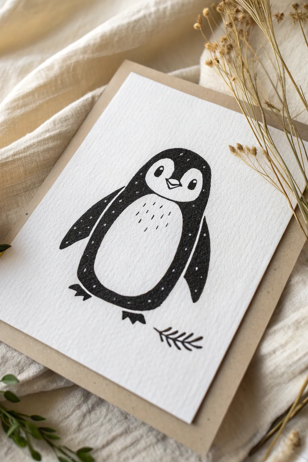 Clean ink penguin with bold outlines and a crisp white belly, perfect for minimalist sketching