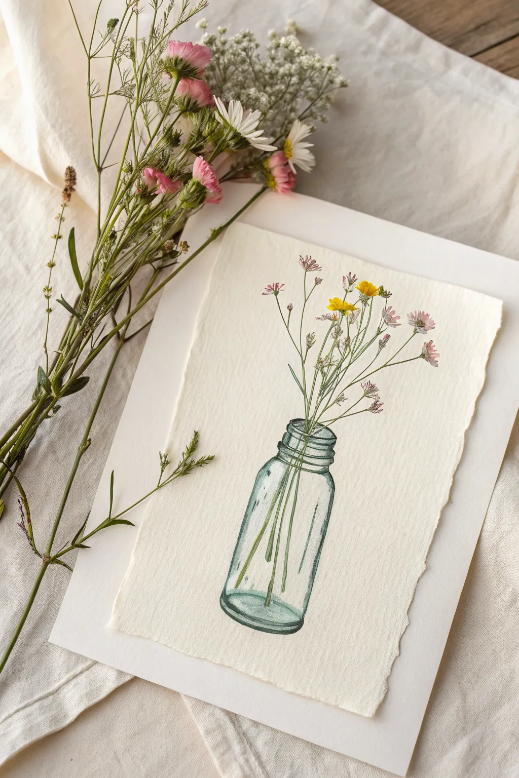 Ink jar silhouette with soft watercolor reflections and bright wildflower pops, clean and calming
