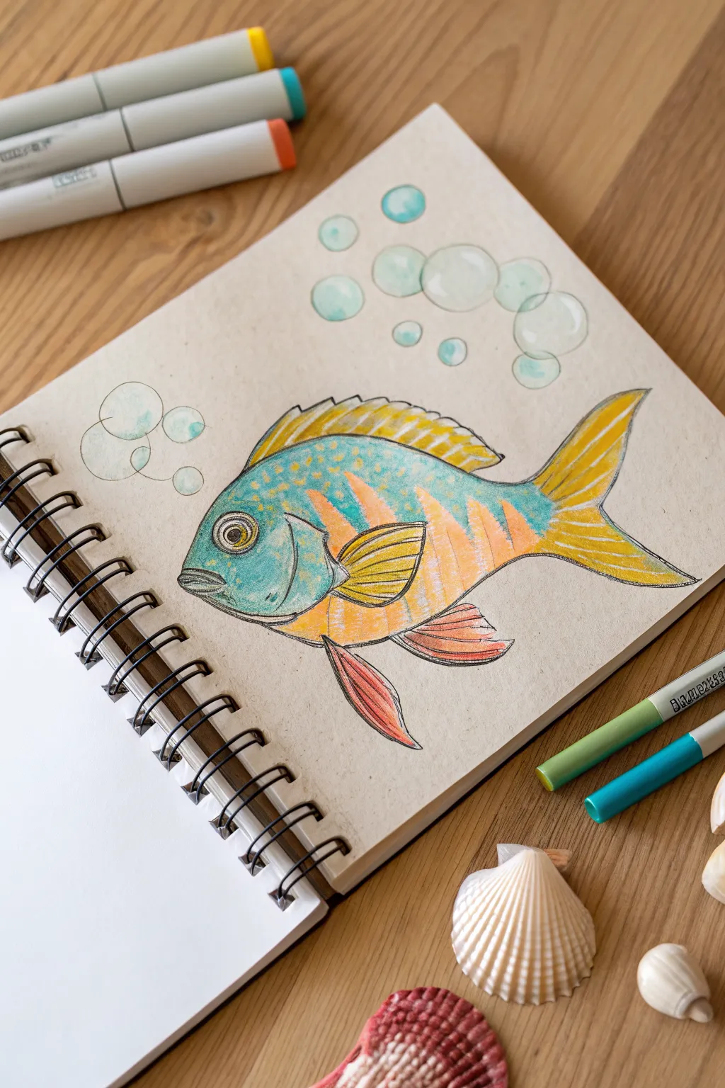 Marker tropical fish with layered bubbles and simple sea accents for smooth color blending practice.