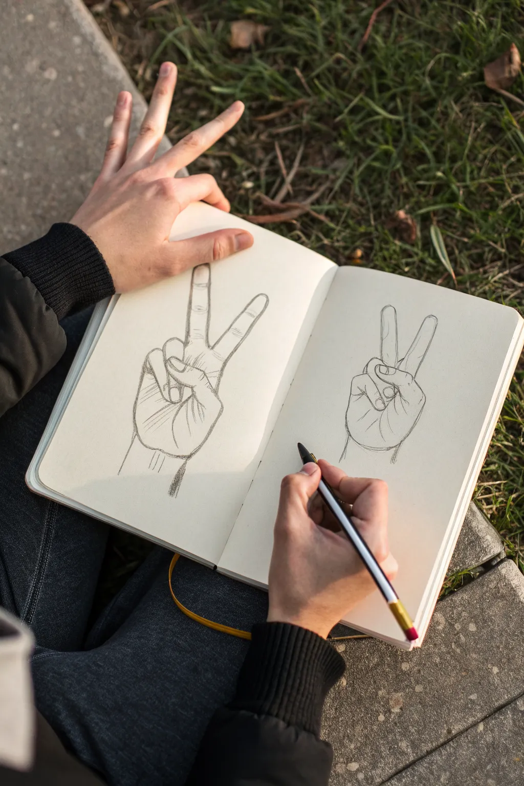 Three easy hand pose outlines to trace: open palm, peace sign, and pencil grip