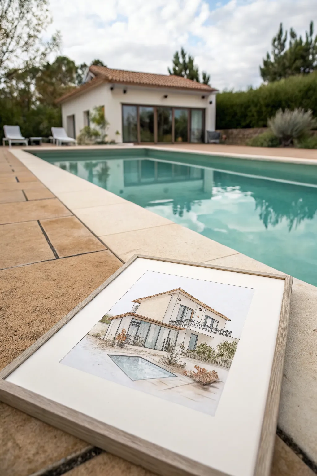 Modern dream house drawing: sleek home and still pool with gentle reflections in minimalist boho style