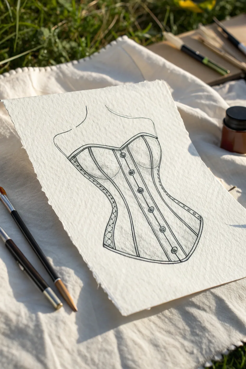 Corset bodice drawing with curved panel seams and soft shading for a clean, structured look