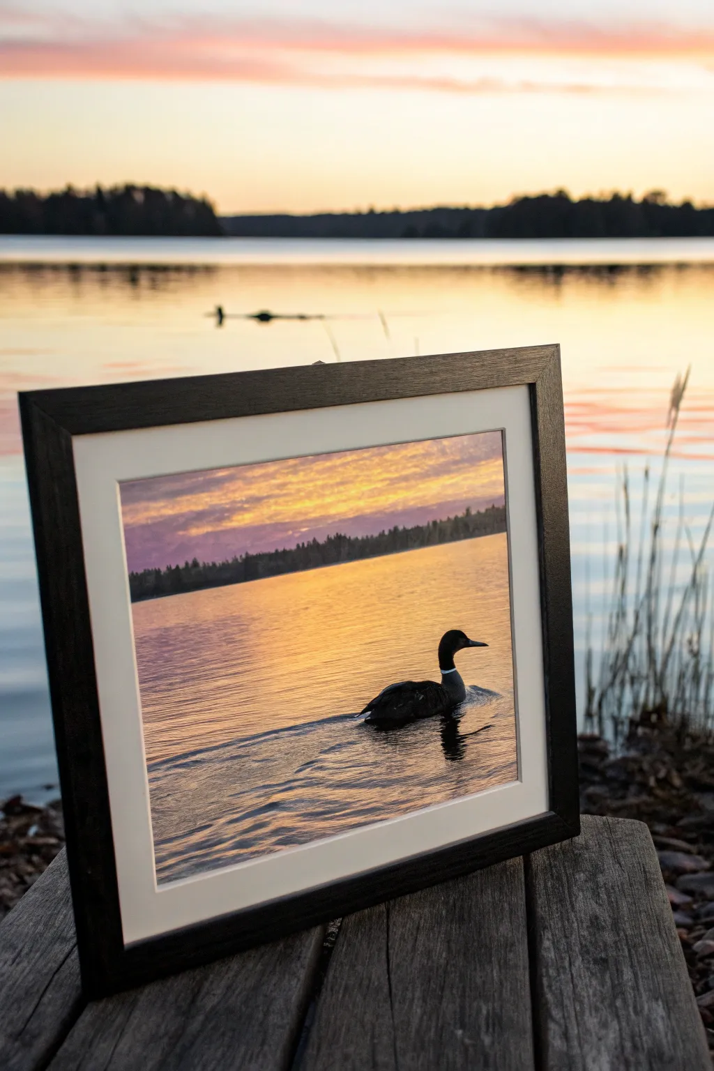Sunset silhouette duck on golden water bands, simple shapes and warm glow for beginners.