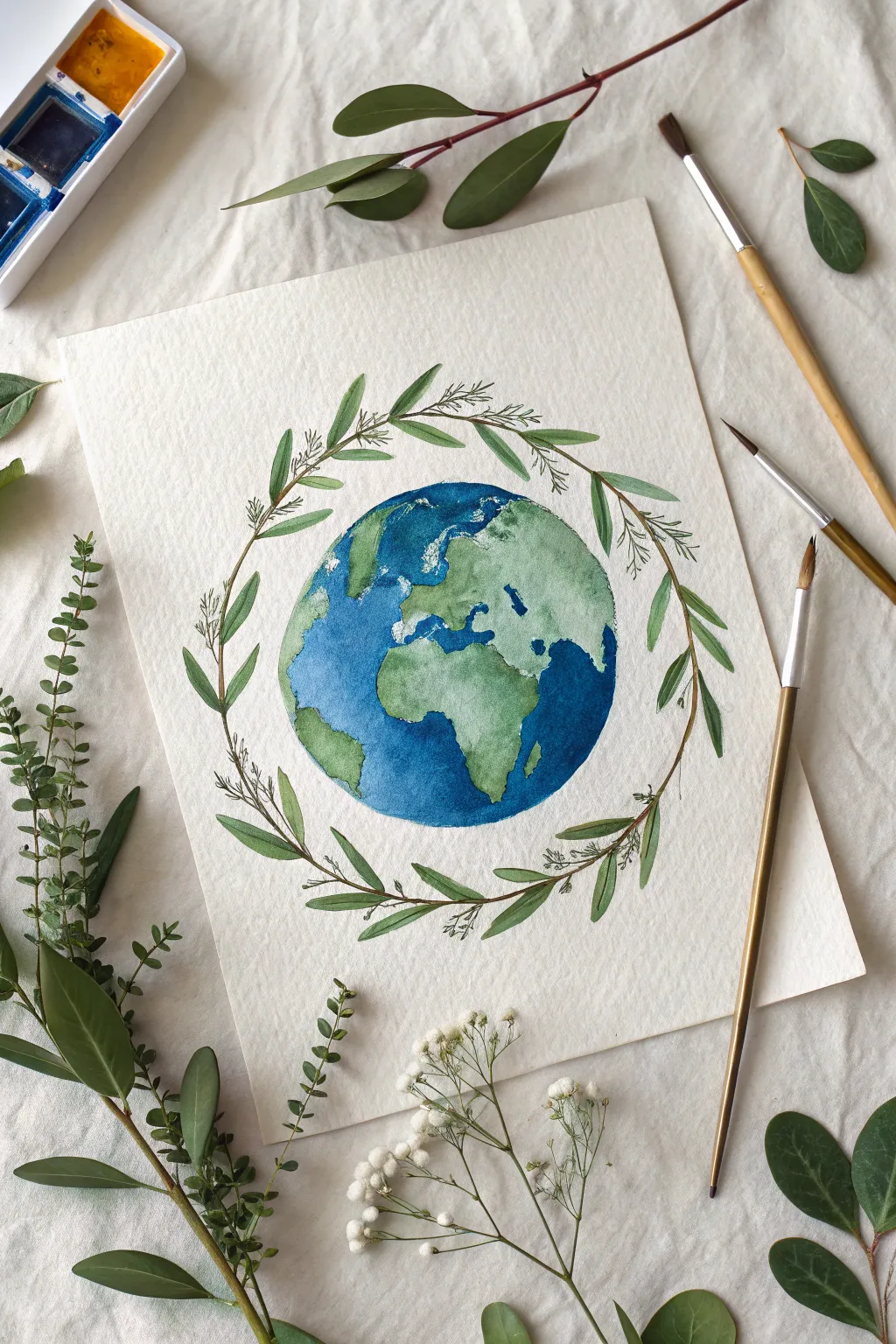 Minimal Earth painting with botanical wreath, Scandinavian calm with a soft boho touch.