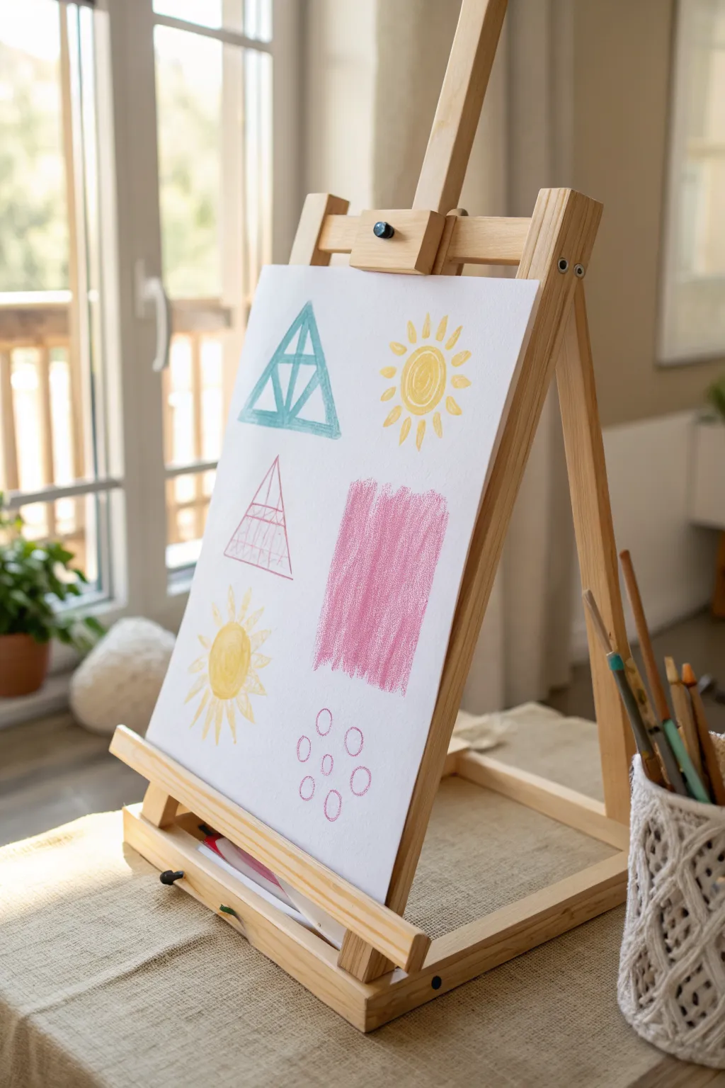 Preschool chalk resist on easel paper: bold scribbles glowing through soft paint washes