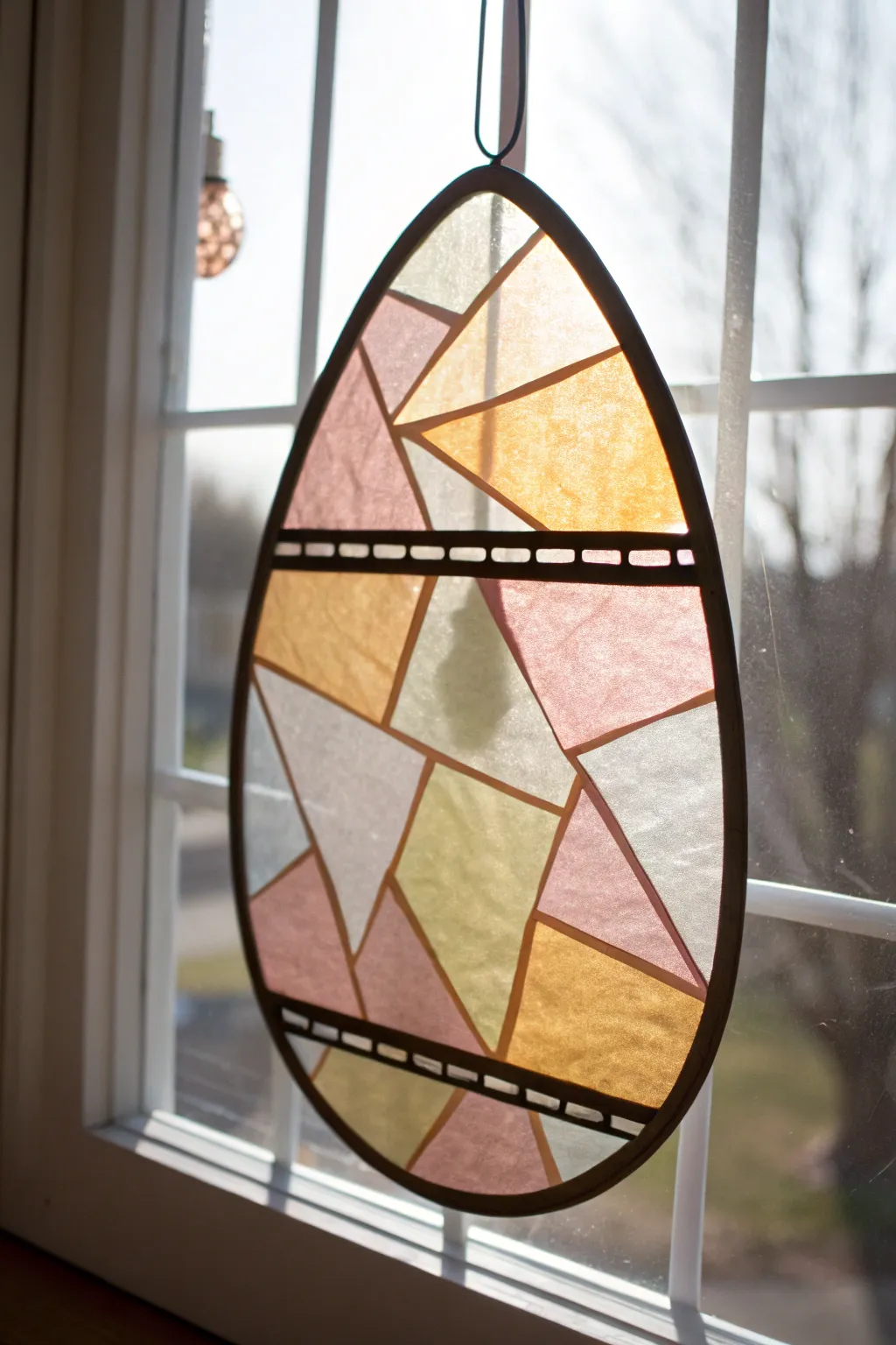 Glowing tissue-paper stained glass egg suncatcher, a simple Easter craft toddlers can love.