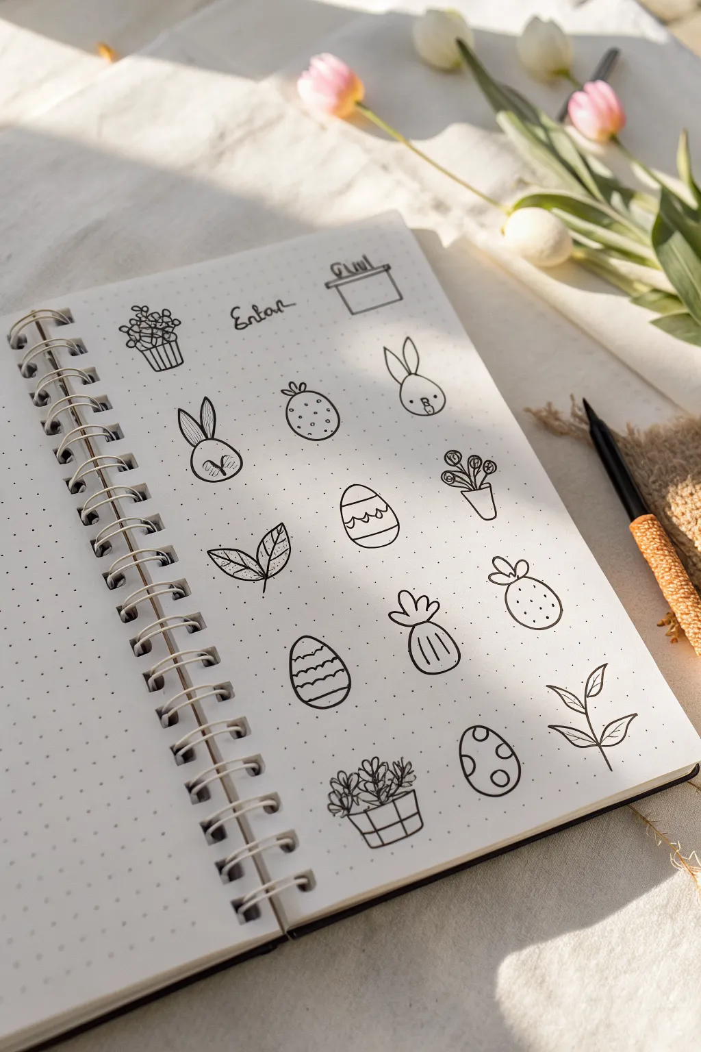 Mini Easter doodle sheet with simple line icons in a tidy grid, ready to color