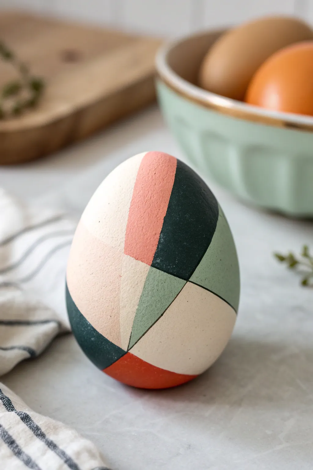Modern color-block Easter egg in blush, sage, and terracotta with crisp shadows on off-white