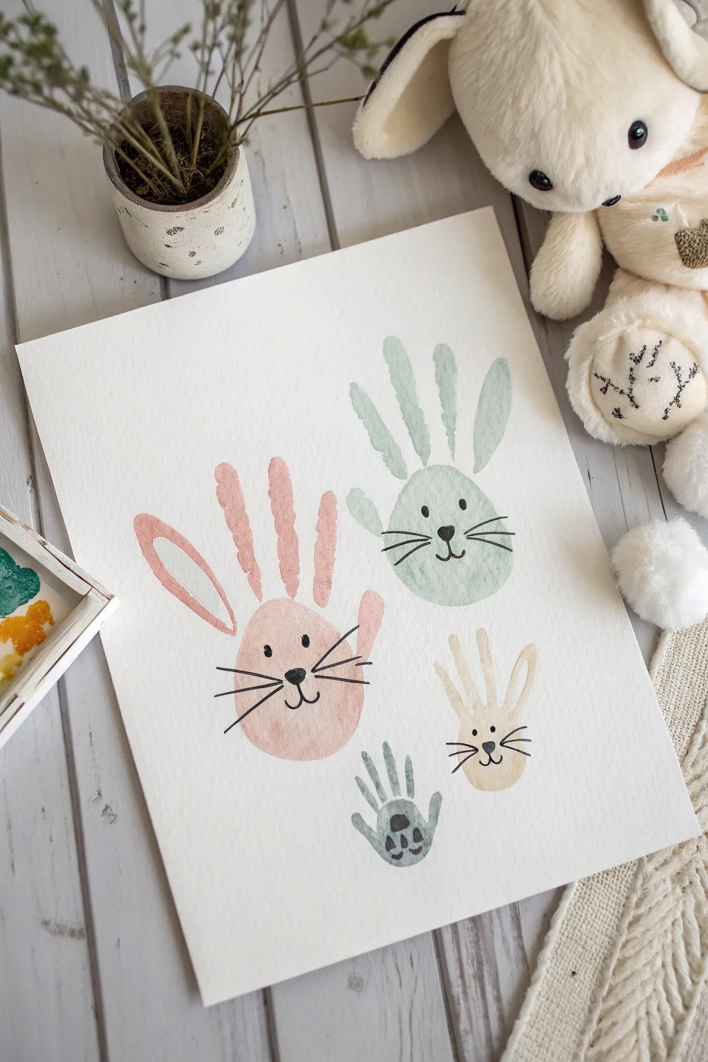 Sweet handprint bunny family keepsake in soft pastels, minimalist Easter craft inspiration