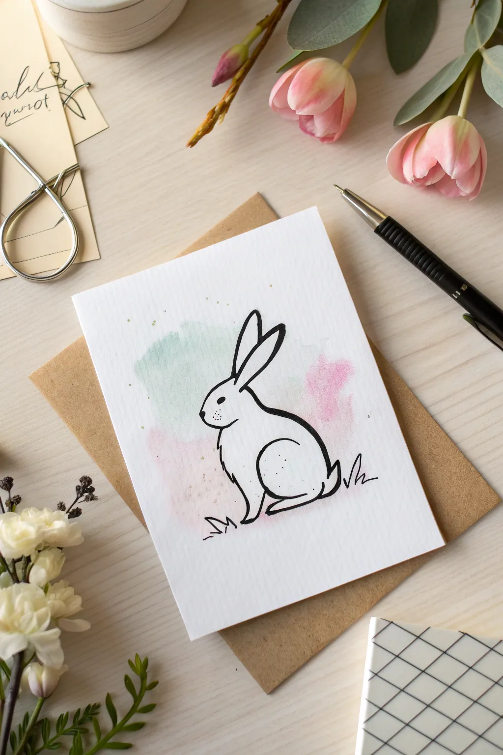 Line-and-wash bunny card with loose watercolor washes, a simple minimalist Easter painting idea.