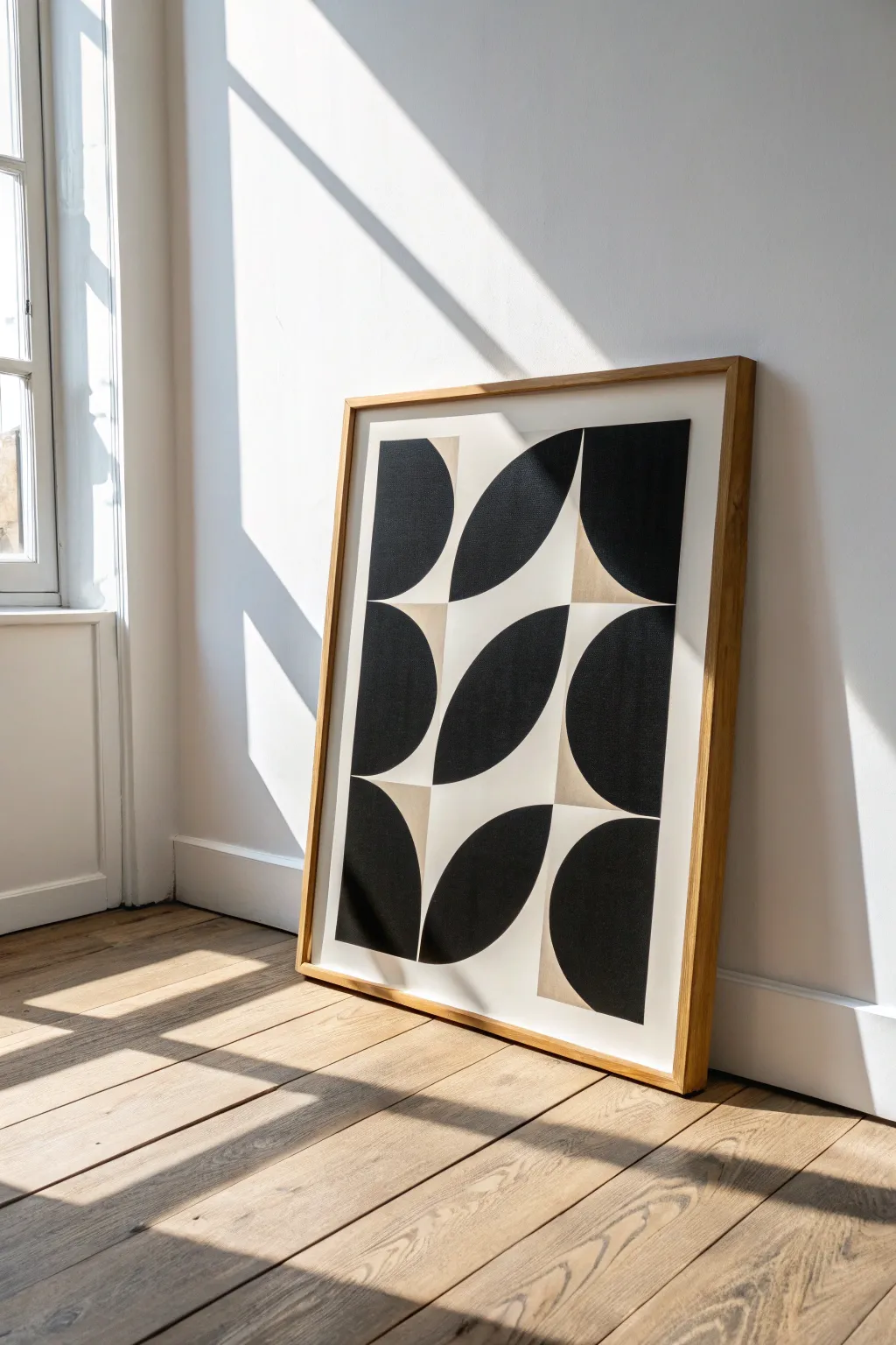 Bold black-and-white shapes with airy negative space for an easy, gallery-style abstract look.